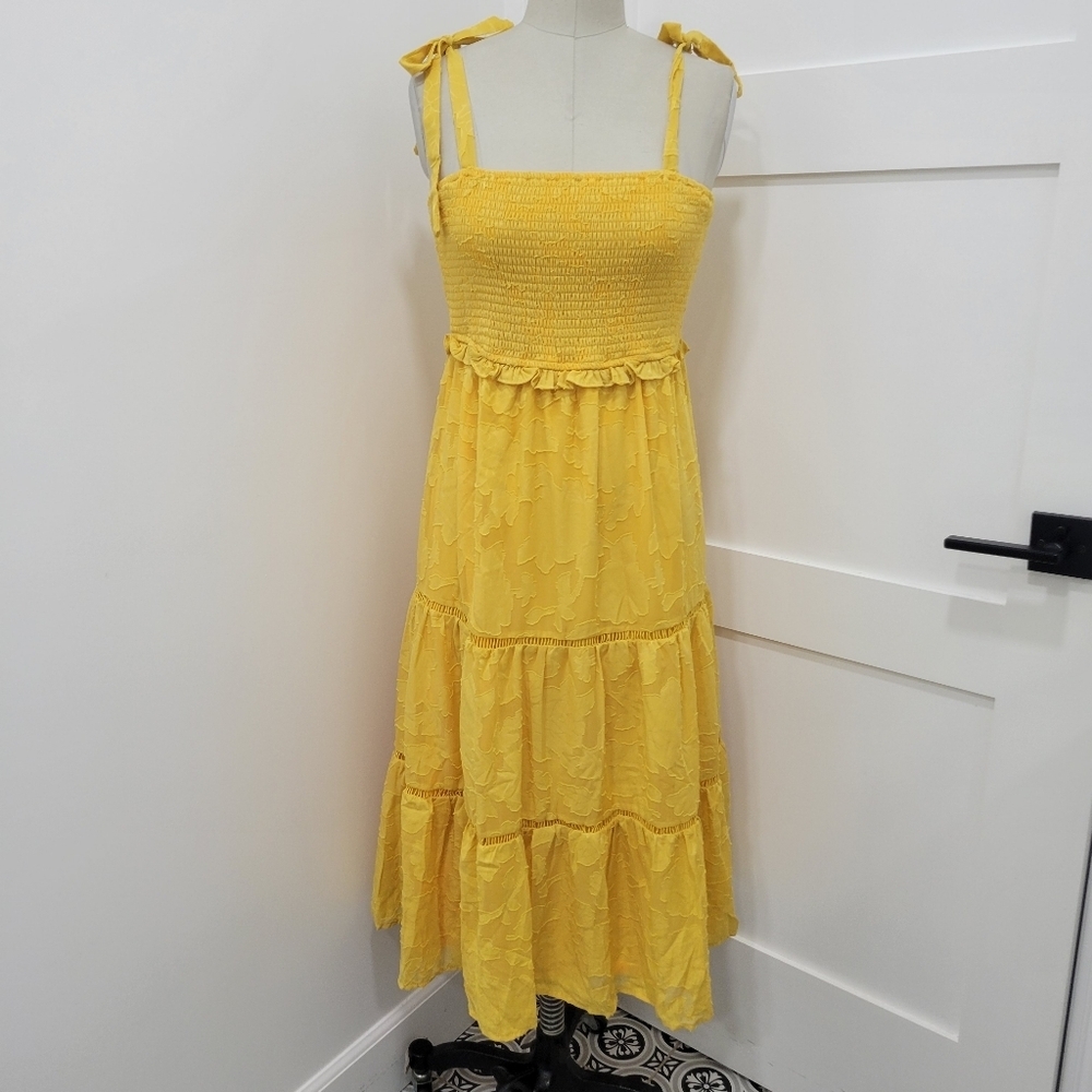 Lulus Float to Love Yellow Jacquard Smocked Tie- Strap Summer Midi Dress Size M - Picture 4 of 11